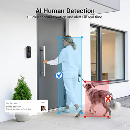 1080p Wireless Wi-Fi Video Doorbell Camera with AI Human Motion Detection, Battery Powered, 2.4G WiFi, Dog Monitor, Night Vision, 2 Way Talk, Cloud Storage (Sold Separately)