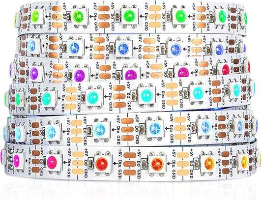 SEZO WS2812B LED Strip Light 16.4FT 60Pixel/M 300LEDs DC5V Individual Addressable LED Strip SMD5050 RGB Dream Color Programmable LED Light Strip Flexible IP30 Non-Waterproof White PCB