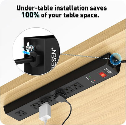 ZESEN 7 Outlet Metal Long Power Strip with Overload Protection & 1500J Surge Protection, 6ft Cord Wall Mounted Industrial Power Strip for Office Workshop Garage, ETL Listed(15A/1875W), Black