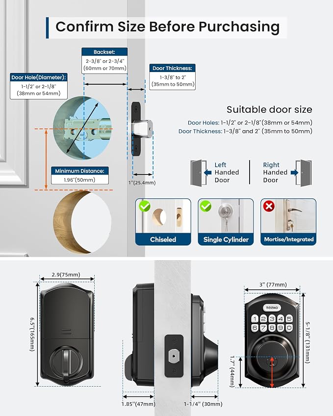 TEEHO TE011W WiFi Keypad Deadbolt, Smart Locks for Front Door, Matte Black