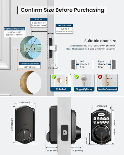 TEEHO TE011W WiFi Keypad Deadbolt, Smart Locks for Front Door, Matte Black