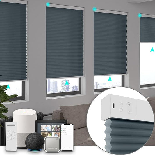 Changshade Smart Blinds Cellular Shades for Windows Doors Motorized with Remote Control, Custom Size Automatic Honeycomb Blind Electric Power Work with Alexa, Google Home, Light Filtering, Dark Blue
