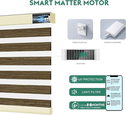 Motorized Zebra Blinds with Remote [Dual Layer + Light Filtering] 60% Blackout Smart Shades for Indoor Windows, Alexa Google and HomeKit Compatible, Customized Size, Woven Desert
