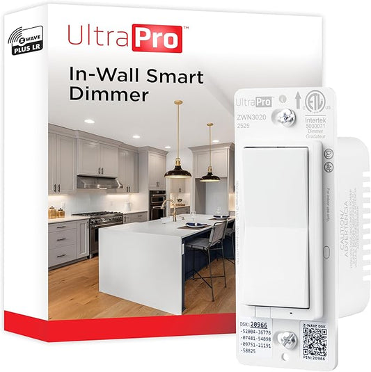 UltraPro Z-Wave Plus Long Range in-Wall Smart Dimmer for Smart Home Automation, 1 Pack, Plastic Yoke, Flying Leads, Single-Pole/3-Way, Hub Required, 76602