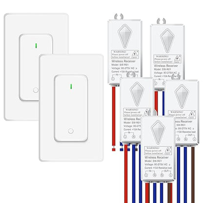 NineLeaf Wireless Light Switch and Receiver Kit, No Wiring Remote Control Wall Switch, 1300FT RF Range Expandable Switches,Ceiling Lights, Fans, Lamps & Outdoor Sheds,1000W LED(2Switches 5Receivers)