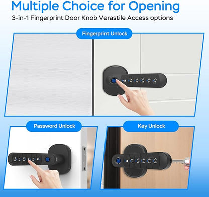 Smart Fingerprint Door Handle, Keyless Entry Biometric Lock with Passcode & Mechanical Key, Easy Install Interior Door Lock for Home/Bedroom/Office, Black