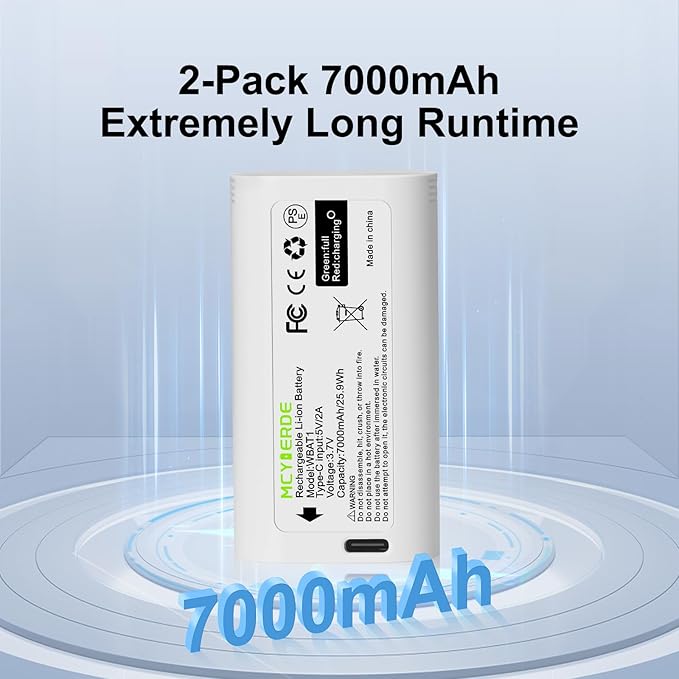 2-Pack WBAT1 Replacement Battery, Upgraded 7000mAh USB-C Removable Battery Pack for WYZE Cam Pro 2K Camera