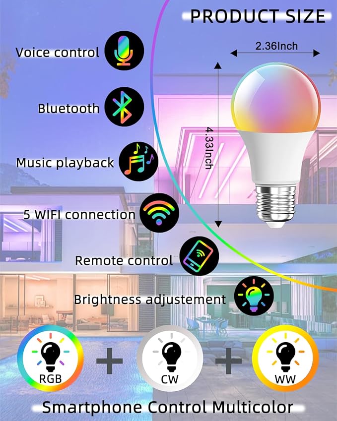 9W E27 RGBCC Smart Light Bulbs, 2.4G WiFi Bluetooth 800LM Color Temperature Changing LED Bulb with Alexa Google Assistant for Bedroom Parties Decoration, Voice Control Compatible, 2 PCS