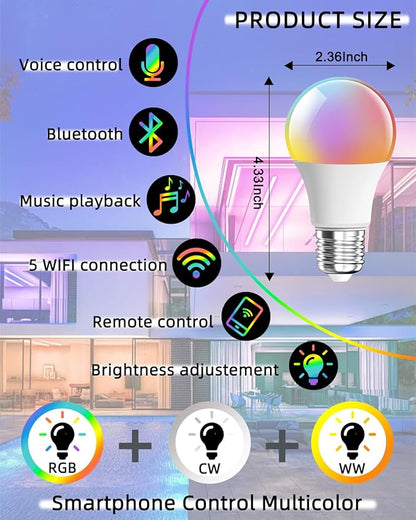 9W E27 RGBCC Smart Light Bulbs, 2.4G WiFi Bluetooth 800LM Color Temperature Changing LED Bulb with Alexa Google Assistant for Bedroom Parties Decoration, Voice Control Compatible, 2 PCS