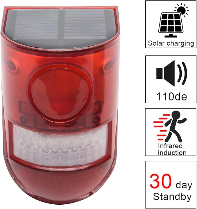 2 Pack Solar Sound and Light Alarm Motion Sensor, 129db Outdoor Security Siren Waterproof Activated Detector Driveway Alarm, 6 LEDs Flash Warning Strobe System, Security Light Alarm for Home, Farm