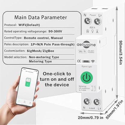 WiFi Smart Switch Breaker, 1-63A Adjustable Wifi Breaker for Whole House Monitoring, APP Remote Control Monitor Voltage Power Energy Usage, Compatible with Alexa Google Home, DIN Rail Mountable(2 PCS)