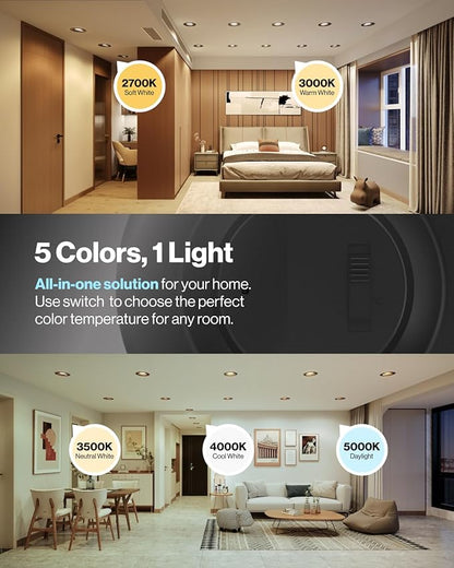 Sunco 4 Pack LED Black Recessed Light 6 Inch, 5CCT 2700K/3000K/3500K/4000K/5000K Selectable, Dimmable Can Lights, Baffle Trim, 13W=120W, 965 LM, Damp Rated, Retrofit Installation, UL Listed