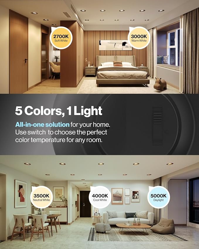 Sunco 12 Pack 5CCT Black LED Recessed Lighting 6 Inch, 2700K/3000K/3500K/4000K/5000K Selectable, Dimmable Can Lights, Baffle Trim, 13W=120W, 965 LM, Damp Rated, Retrofit Installation - UL Listed