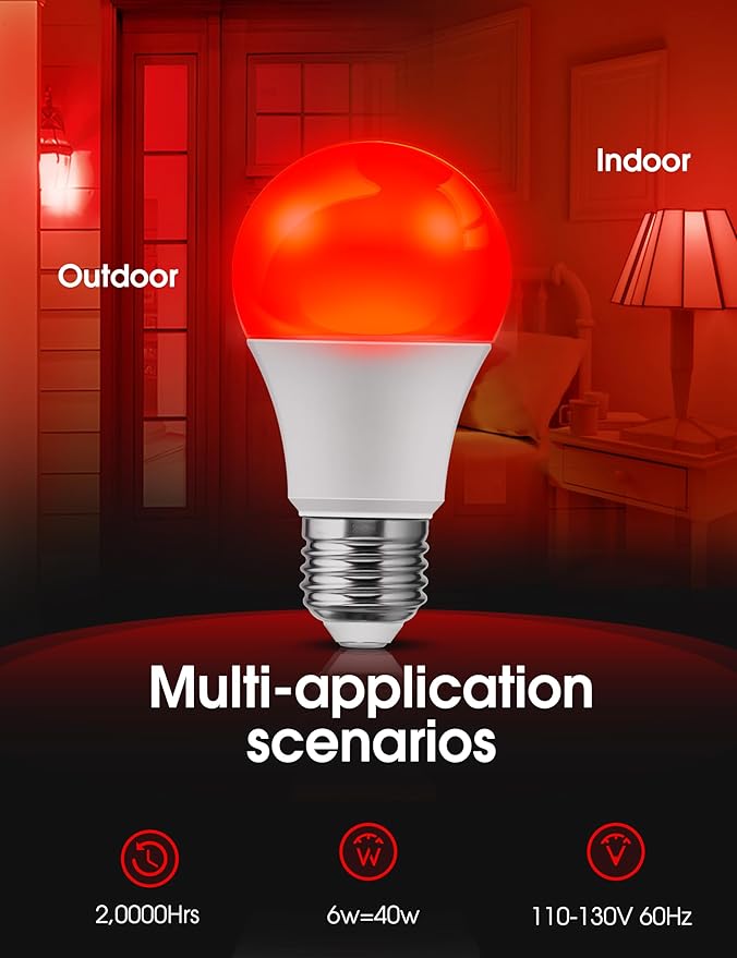 L LOHAS LED Red Light Bulbs Outdoor, Dusk to Dawn Sensor A19 Porch Lights 40W Equivalent, 6W Colored Bulb, Auto-On/Off E26 Base for Christmas, Party, Wedding, Patio, Backyard - 4 Pack
