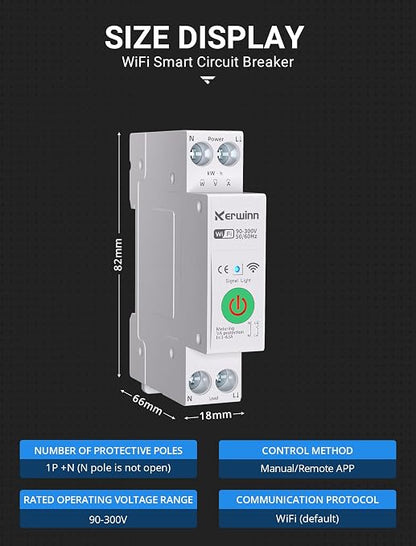 WiFi Smart Circuit Breaker 1P+N, 24-Hour Energy Monitoring, DIN Rail Mount, Smart Life/Tuya APP Remote Control & Voice Control Compatible with Alexa/Google Assistant (1-63A)