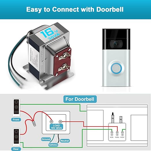 16V 30VA Doorbell Transformer for Ring Video Doorbells, Compatible with Ring, Nest Hello, Wyze and Eufy Video Doorbells, Power Supply for Nest, Ecobee, Sensi and Honeywell Thermostat