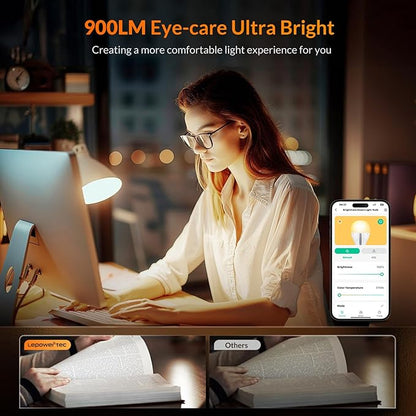 LEPOWER-TEC Smart Light Bulbs, Smart Bulb Compatible with Alexa/Google Assistant Only, Dimmable LED Light Bulbs BT/2.4G WiFi Bulbs, 900LM, A19 E26 (Dimmable Soft White, 4 Pack)