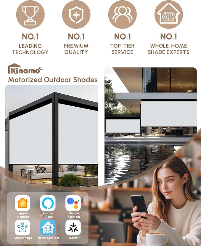 Kincmo Motorized Outdoor Shades for Patio Porch, Custom Outdoor Motorized Blinds with Remote, Waterproof & Windproof Patio Shades Work with Apple Home,Alexa,Google (0% Openness White Grey)