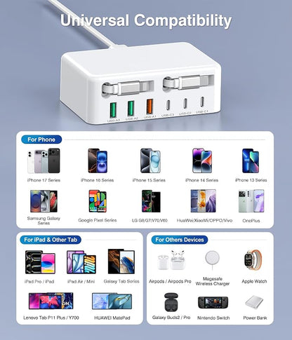 2026 Latest USB C Charger Block, 8 in 1 GaN Retractable Charger Station Hub with Lightening & Type C Cable, 120W Travel Essential Multi USB C Power Strip Plug for iPhone 17 16 15 Pro Max iPad Galaxy