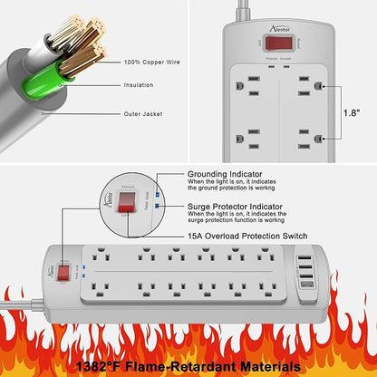 Power Strip, ALESTOR Surge Protector with 12 Outlets and 4 USB Ports, 10 Feet Extension Cord (1875W/15A), 2700 Joules, ETL Listed, Grey