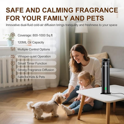 Waterless Scent Diffuser Starter Kit – 1000 Sq Ft Coverage, Suitable for Home & Hotel Series Diffuser, Includes 5 Scent Oils, Remote Control, Large Room Essential Oil Diffuser, Ultra Black