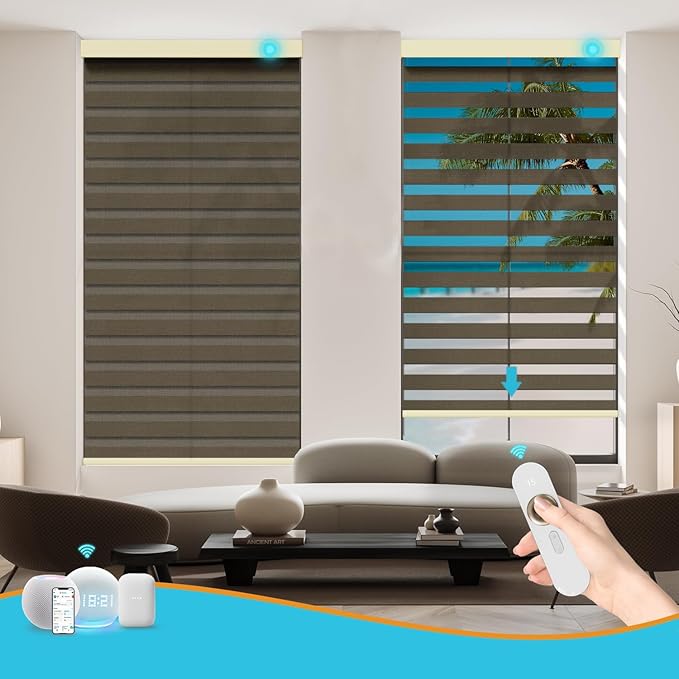 Motorized Zebra Blinds with Remote, Work with HomeKit Alexa, Smart Light Filtering Horizontal Automatic Electric Window Shades for Home Office Customsize(50% Blackout Drumbeat Brown)