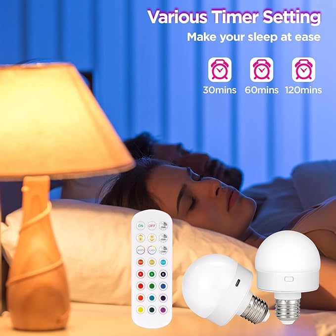 Yochoice Rechargeable Battery Operated Light Bulb with Remote Control,350LM Dimmable Detachable LED Bulb with 15 Colors Selectable & 3 Timer, Wireless Puck Light Bulb for Wall Sconce, Non-Hardwired