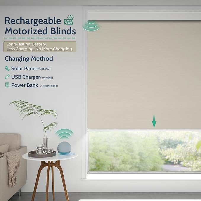 Motorized Blinds with Remote, Blackout Rechargeable Automatic Roller Shades, Cordless Smart Blinds Compatible with Alexa, Custom Blind for Indoor Windows, Summer-Haze Beige