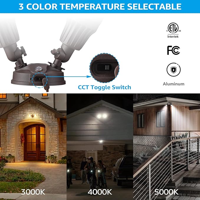 LEONLITE 3CCT Dusk to Dawn LED Security Lights, Adjustable Dual-Head Flood Light Outdoor with Photocell, 3000K/4000K/5000K Selectable, 25W(200W Equiv.), Wet Location, Aluminum, ETL Listed, Bronze