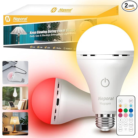 Neporal MagixPro RGB Remote Rechargeable Light Bulbs, Dual Recharge (USB & Socket Charging), Color Changing Dimmable LED Bulb, No Outlet Needed, Touch + Remote Control, Non Electric Lighting, 2 Pack