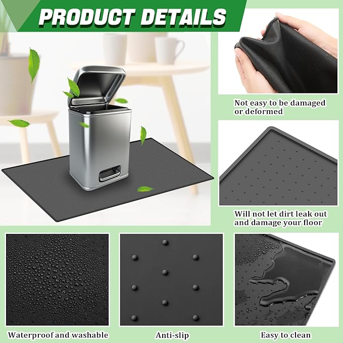Tinideya Waterproof Trash Can Mat with Raised Edge Non Slip Under Garbage Mat Trash Can Pads Protective Silicone Rubber Tray for Kitchen to Avoid Spills Floor Scratches(Black,15.8" X 23.6")