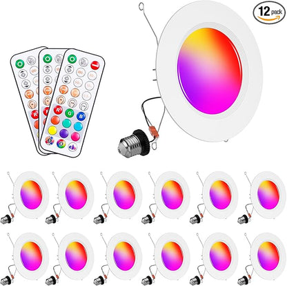 Recessed Lighting 5/6 Inch Color Changing LED Can Lights for Ceiling, 13W 1050LM Retrofit Recessed Lights with Baffle Trim, RGBCW Downlight Dimmable by Remote Control, Memory, Delayed Off, 12 Pack