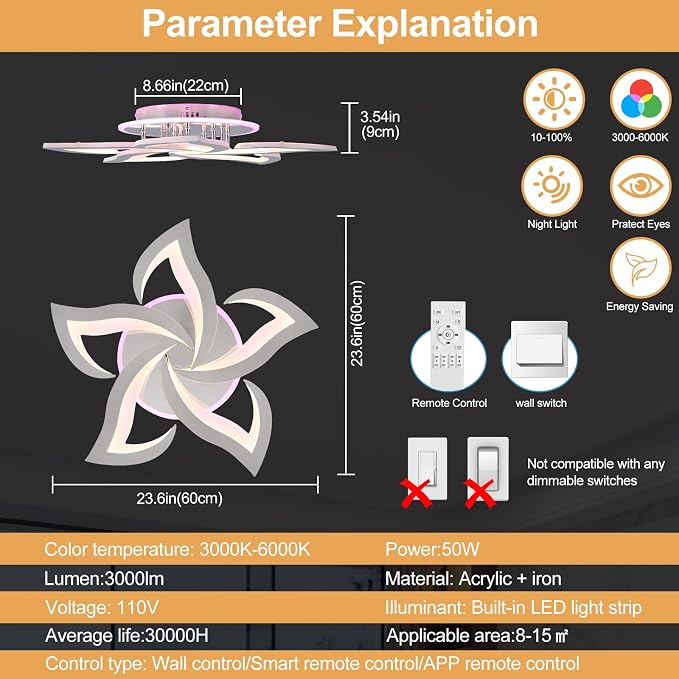 50W Modern LED Ceiling Light, Dimmable Flush Mount Fixture | Modern Flower Design, Remote Control, 3000-6000K Adjustable Light, RGB Ambient Backlight for Bedroom Living Room Dining Room