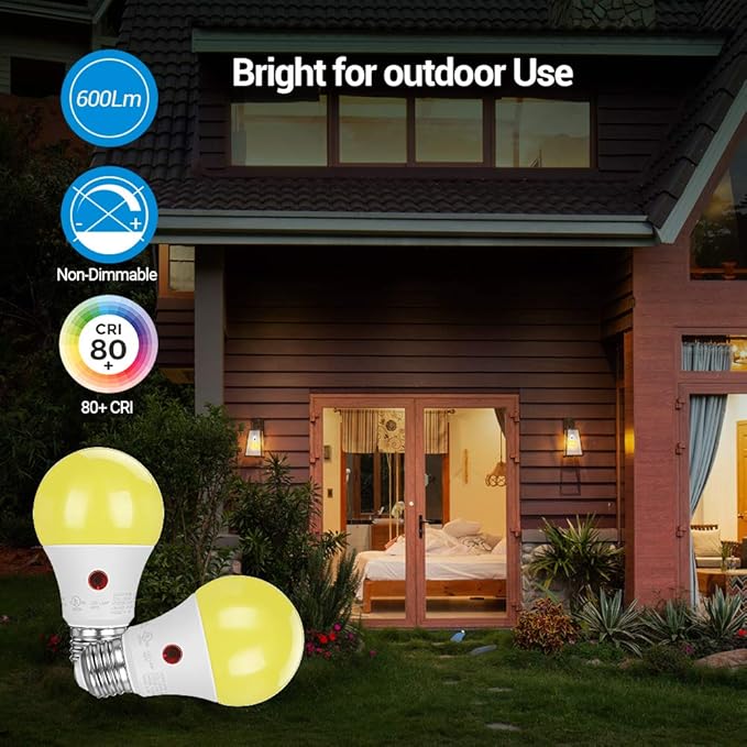 DEWENWILS A19 Dusk to Dawn LED Outdoor Light Bulb, Yellow Bug Light Bulbs for Outside, 2000K Amber Glow, 9W Equivalent 60W, E26 Base, LED Amber Light Bulbs for Porch, Patio, Backyard, 4 Pack UL Listed