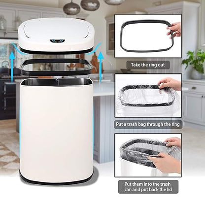 HCY Kitchen Trash Can 13 Gallon Automatic Metal Garbage Can Stainless Steel Waste Bin with Lid Smart for Kitchen,Office,Living Room,Bathroom(White), 16'(L)x11'(W)x25(H)'