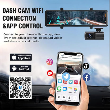 12" Mirror Dash Cam Front and Rear, 4K Dual Dashcam for Cars with Voice Control, WiFi ADAS&BSD&LCA, GPS, Reverse Assist, G-Sensor, 24 Parking Monitor, Free 64GB Card