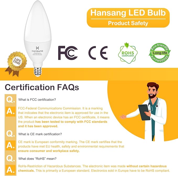 E12 Candelabra LED Bulbs 2700K Warm White, 60Watt Equivalent, Type B Light Bulb for Chandelier, 5W B11 Ceiling Fan Light Bulbs Small Base, 500LM, 120V, Non-dimmable, 4 Pack