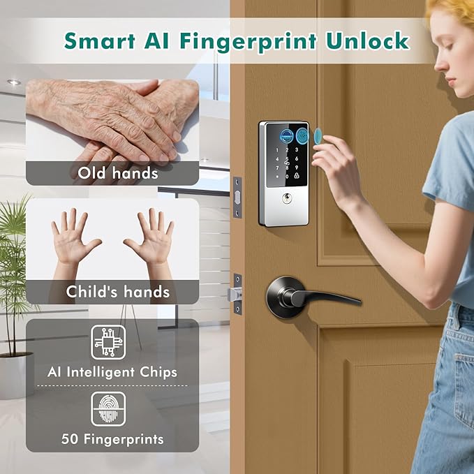 Biometric Smart Lock Deadbolt, Keyless Entry Door Lock with App Control & Remote Code Generation, Electronic Fingerprint Keypad for Home, Airbnb & Bedroom, Auto-Lock, Anti-Peep(Silver)