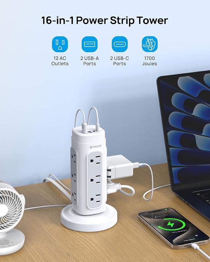 TROND Semi-Retractable Power Strip Tower - Flat Plug Surge Protector Power Strip with USB C PD 20W, 10ft Extension Cord with Multiple Outlets, 1700 Joules, Home Office Dorm Room Essentials, White