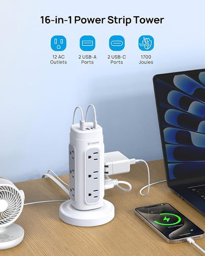 TROND Semi-Retractable Power Strip Tower - Flat Plug Surge Protector Power Strip with USB C PD 20W, 10ft Extension Cord with Multiple Outlets, 1700 Joules, Home Office Dorm Room Essentials, White