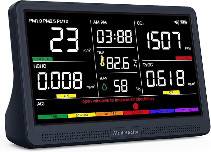 Prefessionall Indoor Air Quality Monitor with 7X AQI Beep Alarms,16 in 1 Portable Real-Time Detector for PM2.5 | PM10 | CO2 | TVOC | HCHO | Temp | Hum for Home Cars Plants Pets (Obsidian Black)