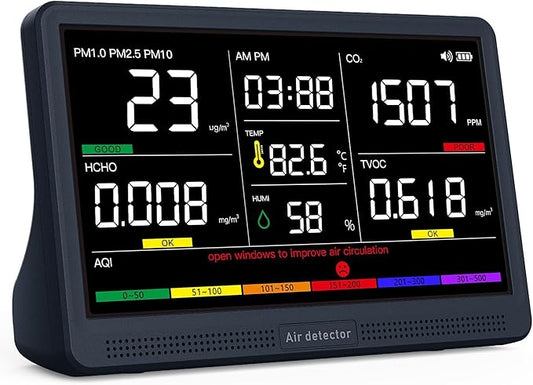 Prefessionall Indoor Air Quality Monitor with 7X AQI Beep Alarms,16 in 1 Portable Real-Time Detector for PM2.5 | PM10 | CO2 | TVOC | HCHO | Temp | Hum for Home Cars Plants Pets (Obsidian Black)