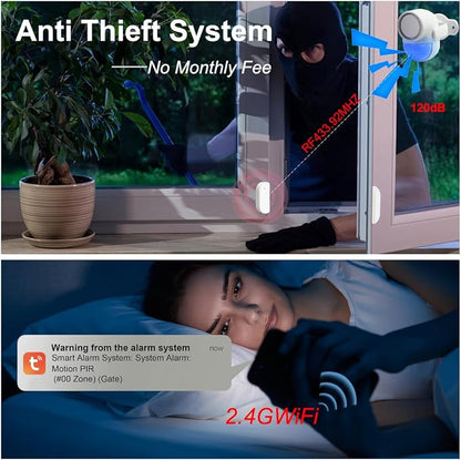WiFi PIR Motion Detector Alarm with 4 Door Sensors and 2 Remote, Home Alarm System with Phone APP Alert for Home Ranch Van Carport Shop120db Extra Loud