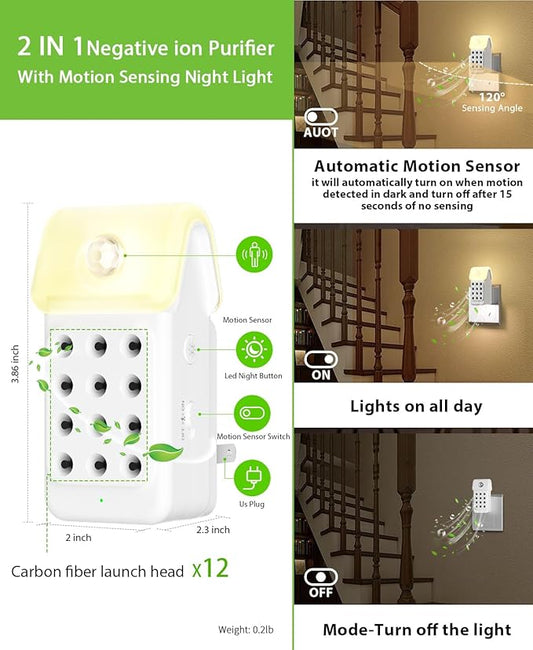 ySky Plug In Air Purifier for Home, Negative Ion Air purifiers with LED Motion Sensor Night Light,Quiet Mini Air Ionizers for home,Bathroom,Bedroom,Portable Air ionizer for Odor,Pet smell