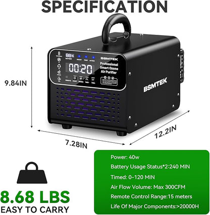 Cordless Ozone Generator - 1,000,000mg/h Professional Grade Covers 10000 Sq-Ft+, 2026 Upgraded Portable Deisgn with 2x 5000mAh Battery for 8-10 Hours Use, With Remote Control, Black
