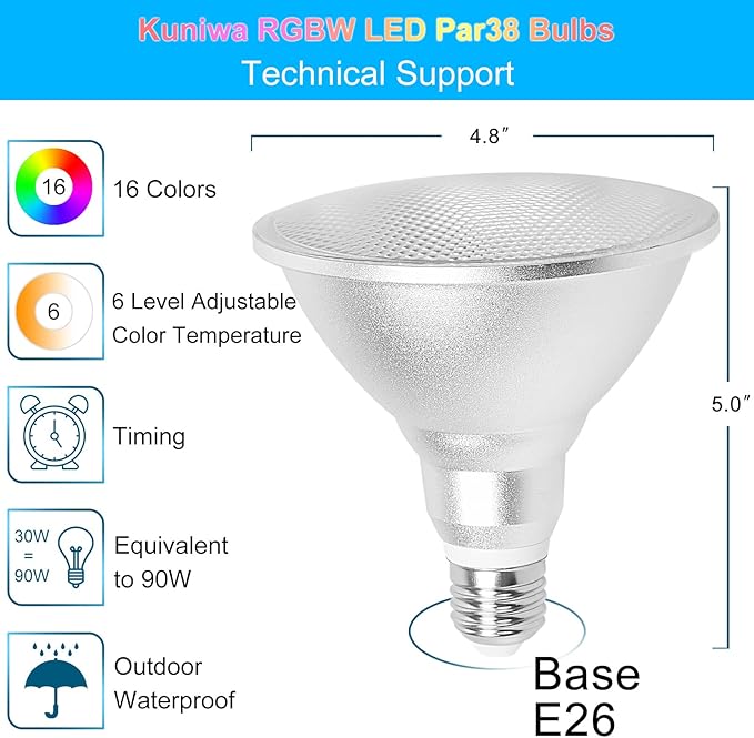 2 Pack PAR38 Flood Light Bulbs Outdoor 30W, LED Color Changing Spotlight Waterproof, 100W Equivalent, Timing, Remote, RGB Porch Light E26 for Holiday Halloween Christmas Party Decoration