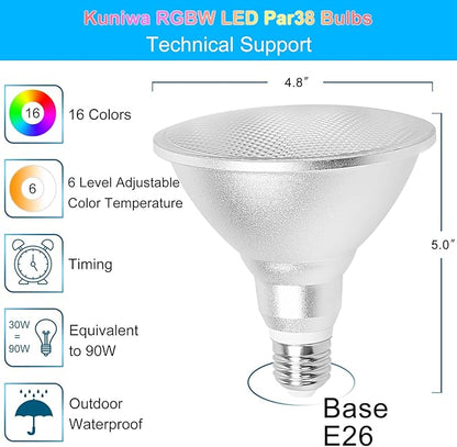 2 Pack PAR38 Flood Light Bulbs Outdoor 30W, LED Color Changing Spotlight Waterproof, 100W Equivalent, Timing, Remote, RGB Porch Light E26 for Holiday Halloween Christmas Party Decoration