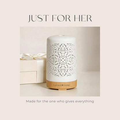 Earnest Living Essential Oil Diffuser White Ceramic Diffuser 100 ml Timers Night Lights and Auto Off Function Home Office Humidifier Aromatherapy Diffusers for Essential Oils