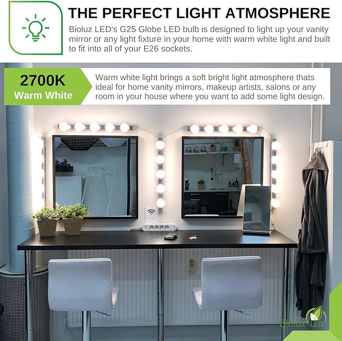 Bioluz LED G25 Globe Vanity Light Bulbs, 60W Equivalent, 2700K Warm White, 90 CRI, 450 Lumens, Dimmable, E26 Base – Bathroom Mirror Lighting 6 Pack