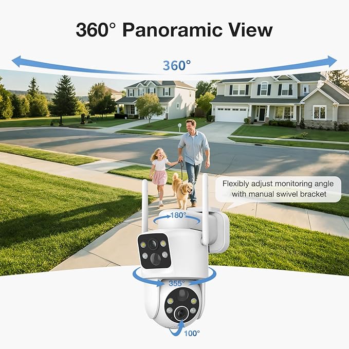 TKENPRO Dual Lens Solar Security Cameras Wireless Outdoor, 2K Full HD Video, 360° View Pan/Tilt Home Security Camera with Color Night Vision, Easy to Install, PIR Alarm, 2.4GHz WiFi